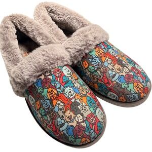 Bobs Skechers Dog Print Fuzzy Slippers Womens 9.5 Faux Fur Lined Slip On Shoes